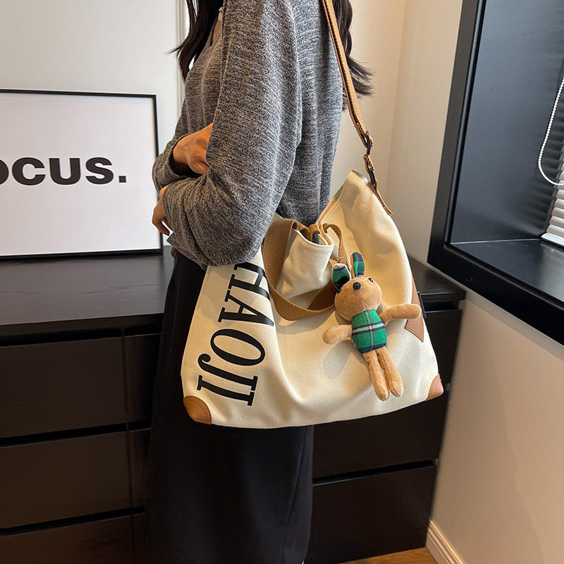 Japanese Style Large Capacity Canvas Bag For Women, Casual Versatile Shoulder & Crossbody Bag, College Student Tote Bag For Class And Commuting - Thumbnail 3
