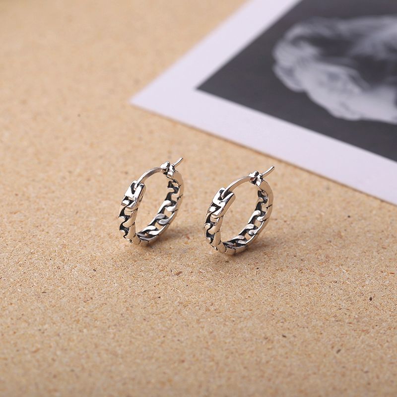 Shiwei s925 sterling silver ear buckle braided chain personality temperament hip-hop trendy male earrings female niche personality silver earrings