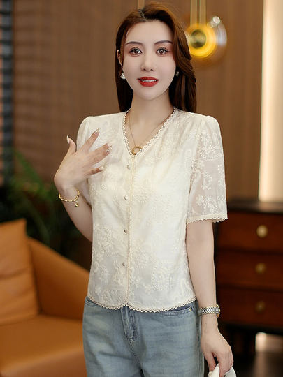 2025夏新款蕾丝拼接V领国风刺绣短袖雪纺衫女新中式衬衫洋气上衣