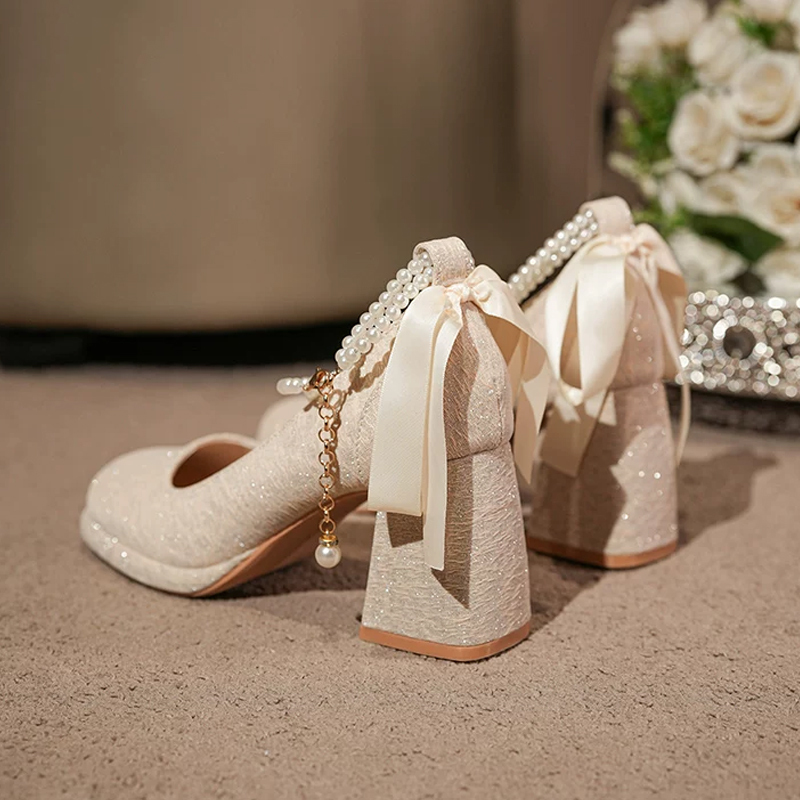 Champagne-Colored Wedding Shoes for Women with Chunky Heels, Suitable for Cheongsam, Xiuhe Wedding Dress, Bride, Engagement, Wedding, Bridesmaid, Stunning High Heels