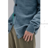 KUYIOU/3 разных синих цвета, сплетенных воедино!Вязаный мужской кардиган из смесовой шерсти ручной работы челночным стежком