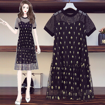 Gestational Woman Dress 2021 Summer Dress New Korean Version Big Code Fashion Translucent Mesh Yarn Splicing One-piece Dress Loose