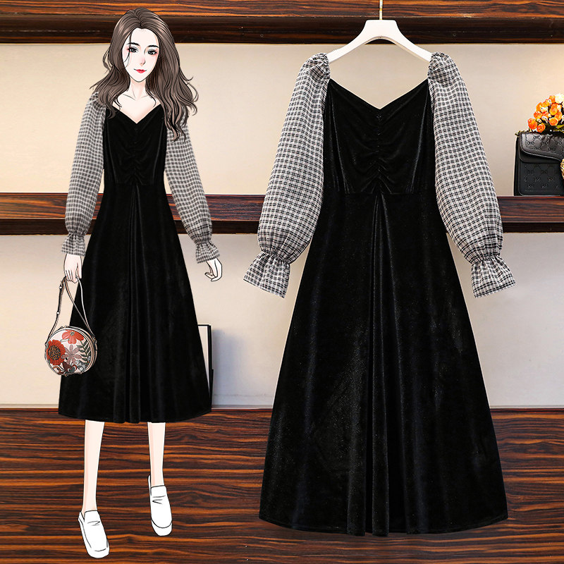 Gestational Maternity 2021 Spring loaded with new name Yuanyuan Temperament Palace Wind Gritty long sleeve splicing velvet dress for lean and casual