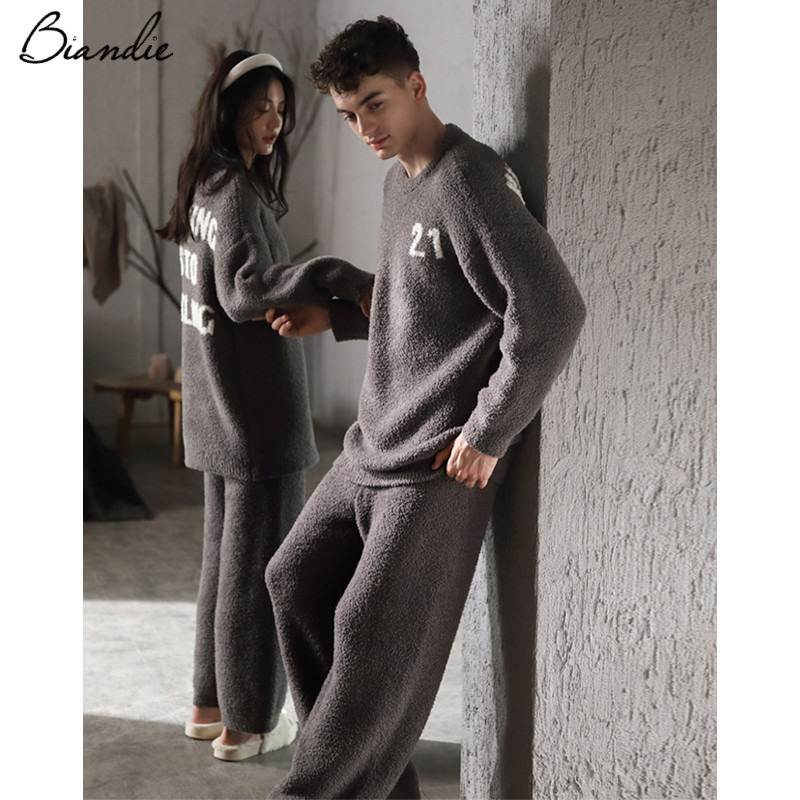 Couple pajamas winter coral velvet thickened warm soft skin home clothing men and women Autumn Winter half velvet set