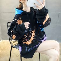 oversize graffiti sweater women 2021 autumn winter clothes new fat sister plus velvet thick size loose coat tide
