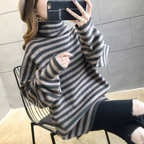 Very fairy turtleneck sweater female 2021 autumn and winter New Korean loose lazy wind stripe thickened pullover sweater