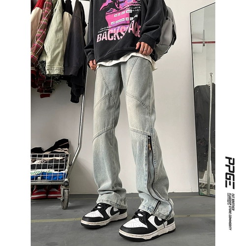 Мужские джинсы без застежек в американском стиле ретро, ​​весенние повседневные брюки с микро-расклешенными ятаганами 2025, модные брендовые мужские брюки High Street Vibe