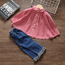 Spring and autumn girls set 2020 New Baby foreign style little girl single-breasted autumn plaid sports two-piece set