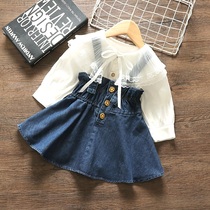 Female baby Foreign spring and autumn shirt set tide autumn new girl lace collar Korean denim two-piece set