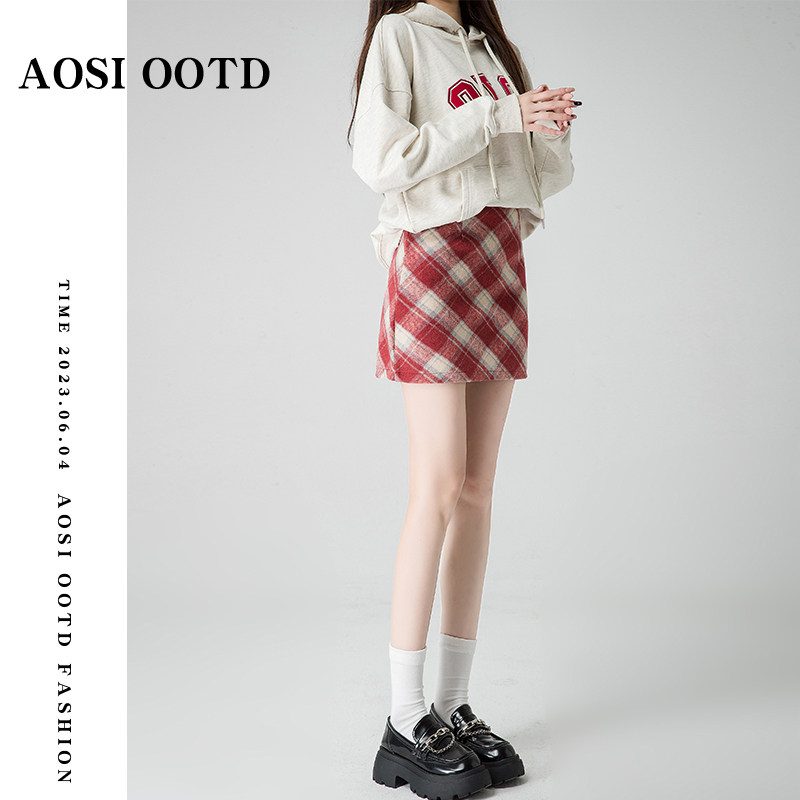 Red Plaid Half Body Dress Autumn Winter Short Skirt Woman 2023 new high waist conspiculy slim covered with fur a character dress hip skirt-Taobao
