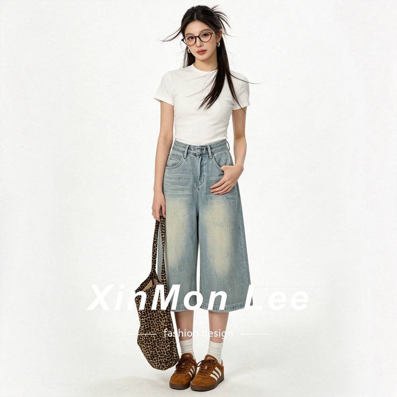 Light Blue Washed Vintage Fleece Korean Style Simple Low-Waist Wide-Leg Pants Soft Denim Summer Loose Cropped Pants Versatile for Women