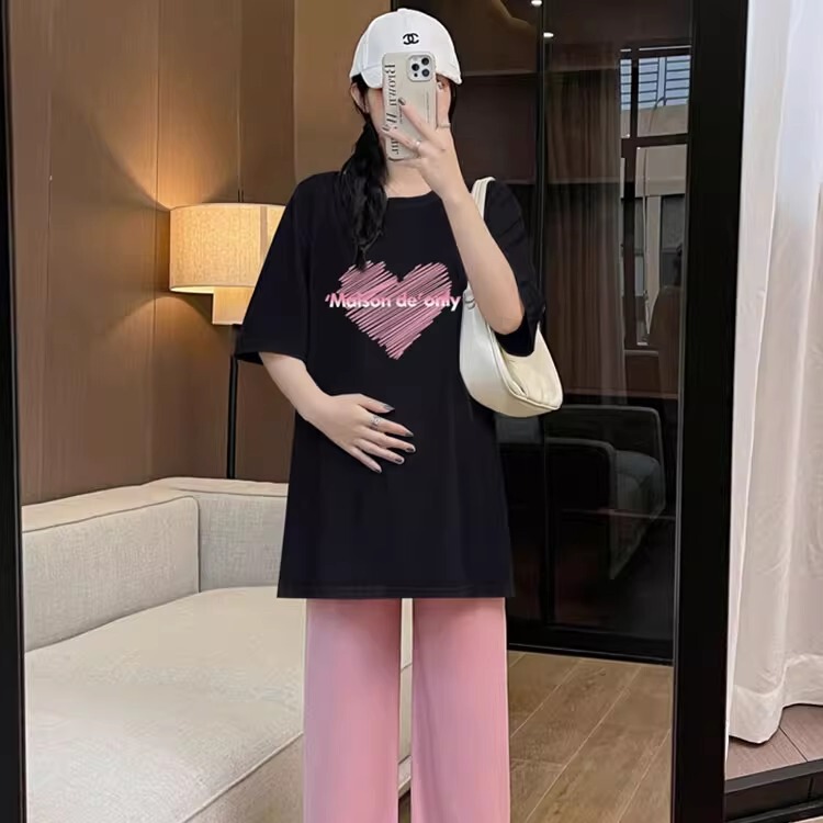 Maternity Wear Summer Prenatal Check-Up Set, Fashionable Plus Size, Non-Obtrusive, Pure Cotton Short-Sleeved Belly-Covering T-Shirt, Cool Wide-Leg Pants