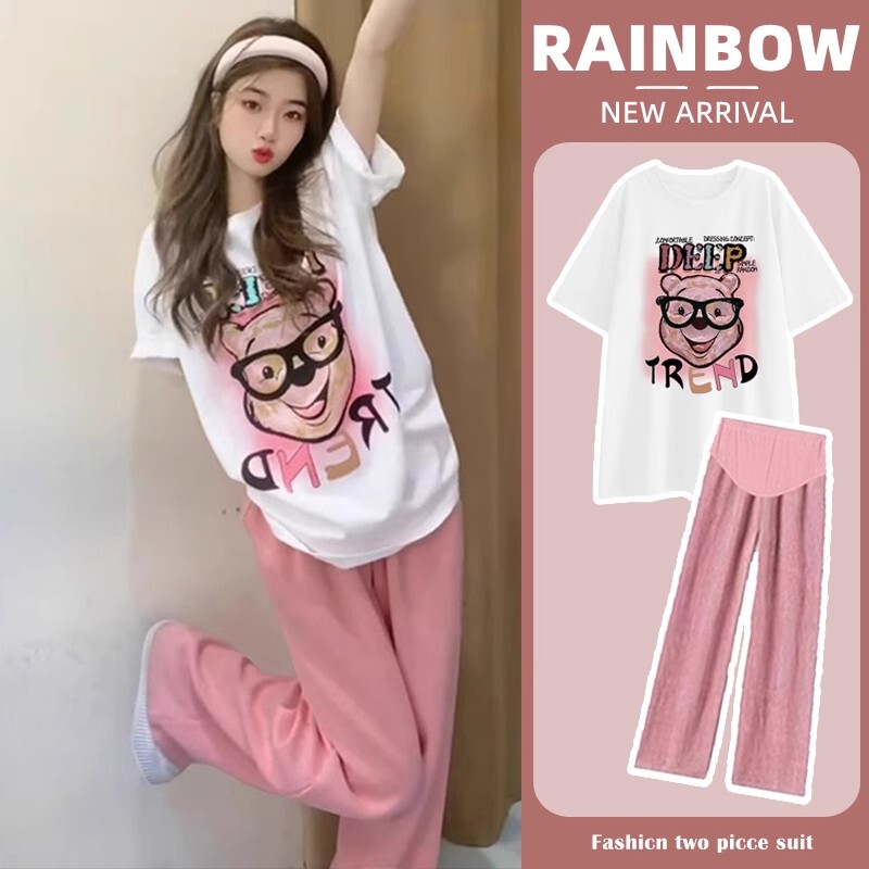 Maternity Wear Summer New Set Fashionable Korean Style Trendy Mom Casual Loose Stylish Prenatal Check-Up Short-Sleeved T-Shirt Two-Piece Set