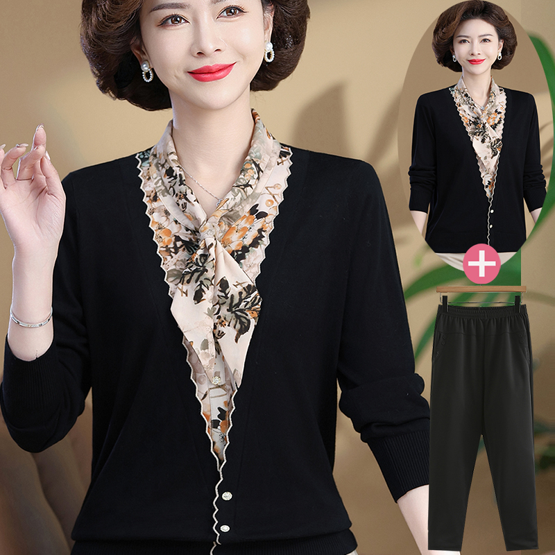 Mother's Spring and Autumn Tops, New Stylish Thin Base Shirt, Middle-Aged and Elderly Women's Trendy Fake Two-Piece Knitwear Set Mother's Spring and Autumn Tops, New Stylish Thin Base Shirt, Middle-Aged and Elderly Women's Trendy Fake Two-Piece Knitwear Set
