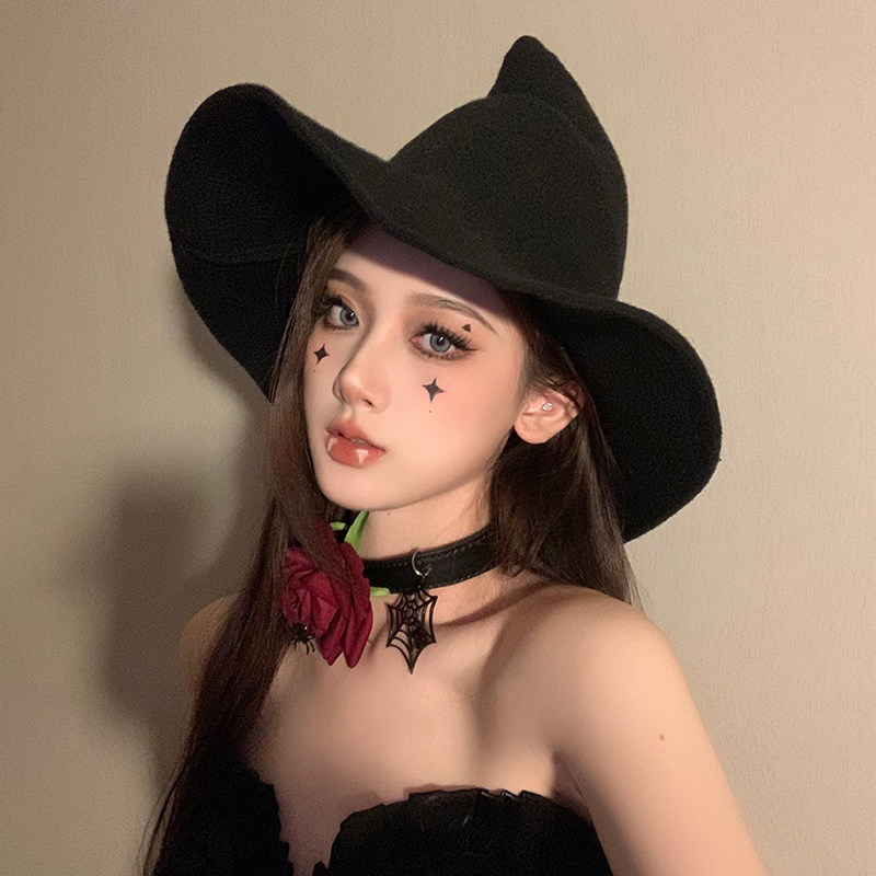 Halloween witch pointed wide-brimmed wool hat, autumn and winter hat, women's Korean style knitted wizard hat, fisherman's bowl hat