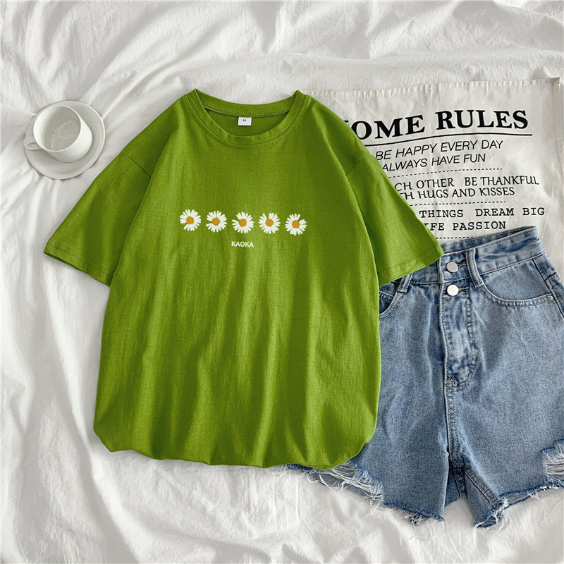 Grass Greensummer 2021 new pattern Daisy Short sleeve T-shirt female ins student Port style Harajuku easy Versatile Show thin upper clothes