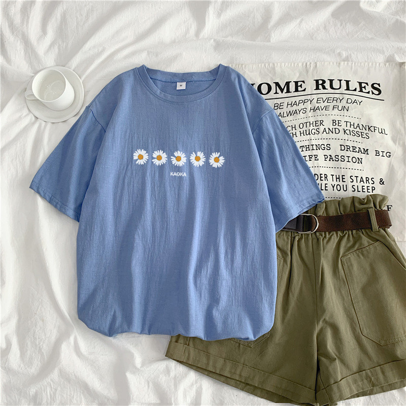 Bluesummer 2021 new pattern Daisy Short sleeve T-shirt female ins student Port style Harajuku easy Versatile Show thin upper clothes