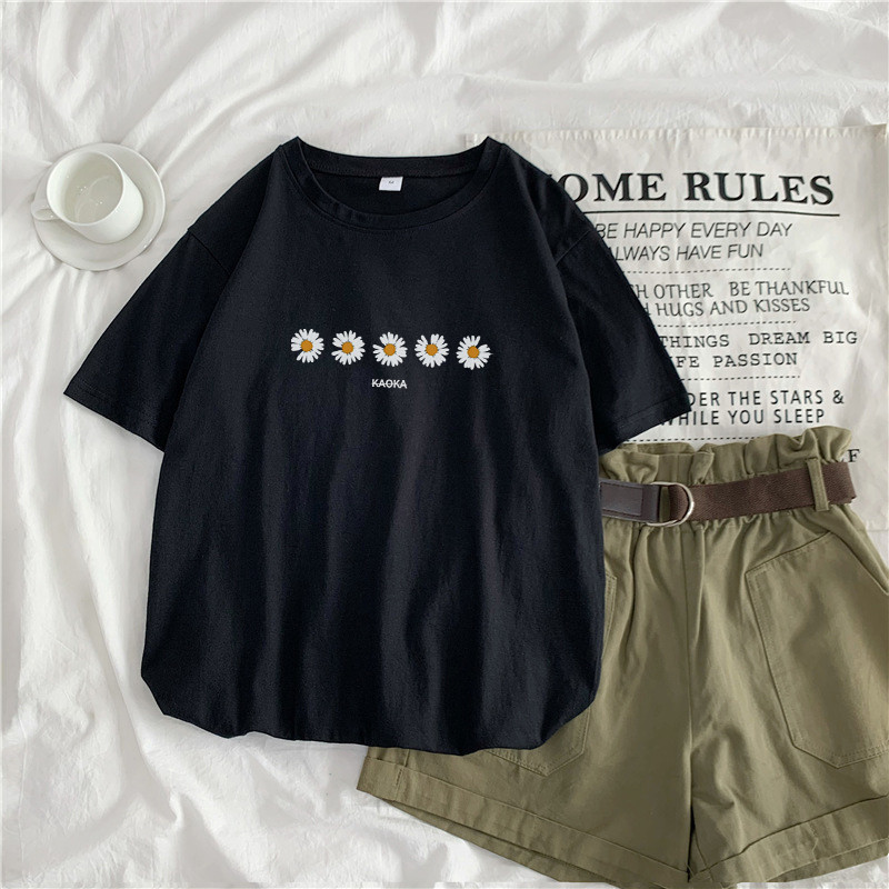 Blacksummer 2021 new pattern Daisy Short sleeve T-shirt female ins student Port style Harajuku easy Versatile Show thin upper clothes
