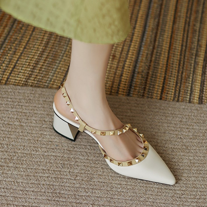 KAKY high-heeled shoes women's 2022 summer new Baotou rivets thick heel leather word with niche sandals pointed toe