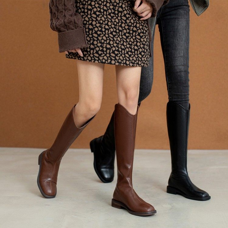 KAKY western cowboy boots woman 2022 fall winter square head flat bottom riding boots small sub genuine leather slim long barrel boot