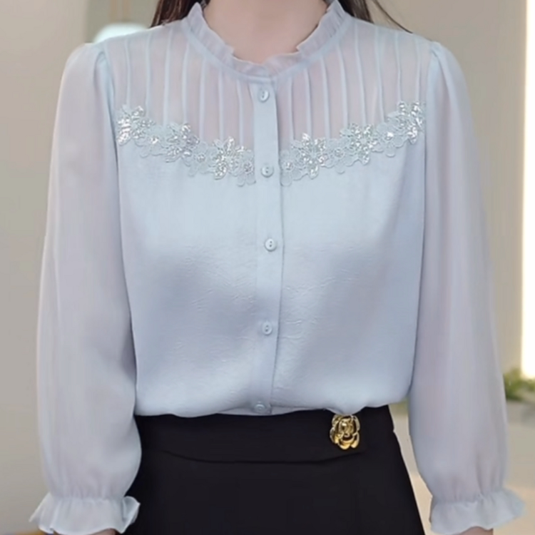 Spring New Heavy Lace Sequin Embroidered Top Slimming Fashionable Versatile Shirt Women's Blouse Three-Quarter Sleeve Shirt Spring New Heavy Lace Sequin Embroidered Top Slimming Fashionable Versatile Shirt Women's Blouse Three-Quarter Sleeve Shirt