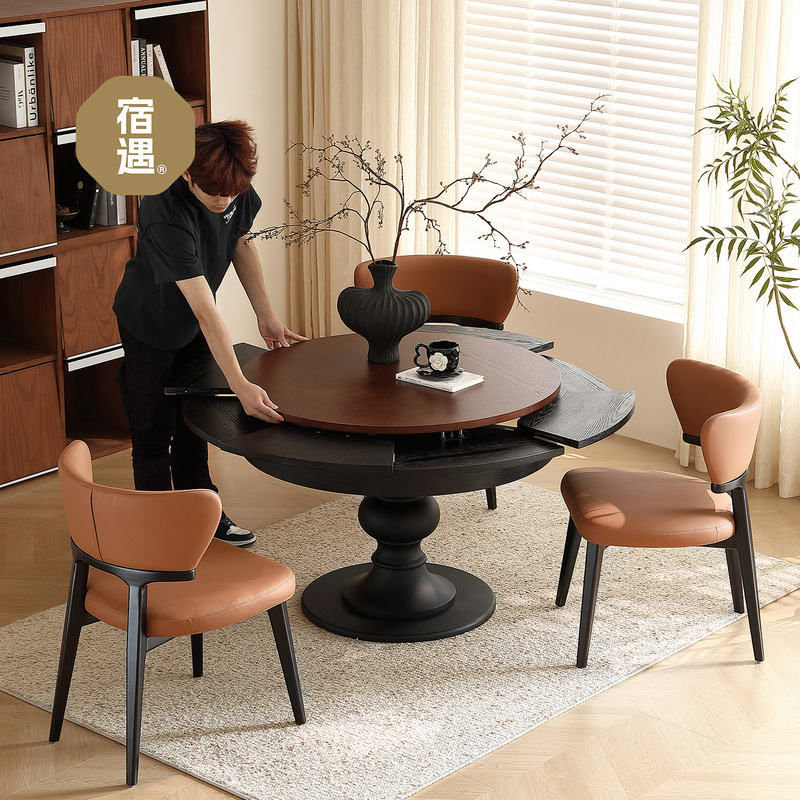 French-Style Retro Rotating and Transformable Solid Wood Round Dining Table with Turntable, Extendable Fletcher Small Apartment Round Table