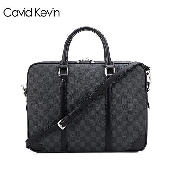 Cavid Kevin欧美时尚男士包黑格纹商务电脑包手提包公文包商务包