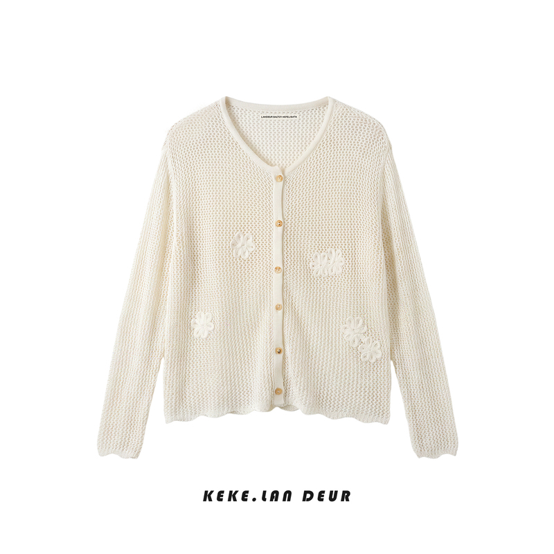 Keke【Tingfeng Xiansuo】Lyocell French-Style Hollow-Out Design Loose-Fitting Slimming Versatile Knit Sweater