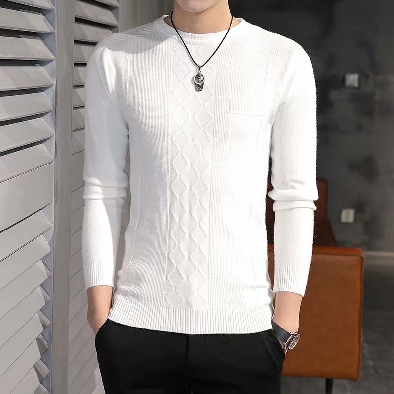 Men's Sweater for Autumn and Winter, Long-Sleeved, Round Neck, Knitted Undershirt, Slim Fit, Versatile, Warm, Thin Knitwear, Solid Color