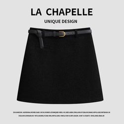 La Chapelle Black Woolen Skirt for Women 2025 New Autumn and Winter High-Waisted A-Line Petite Bodycon Short Skirt