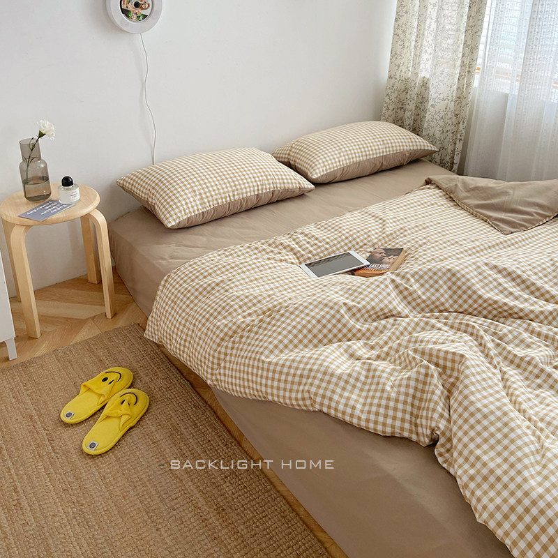 Sun-style pure cotton four pieces of bed linen bed Bamboo Hat Washed Cotton All Cotton Pure Color Autumn Winter Student Dormitory Bed Three Sets-Taobao