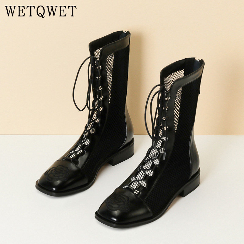 WETQWET Martin boots summer thin women's mesh boots women's hollowed-out cool boots breathable mesh boots flat middle boots