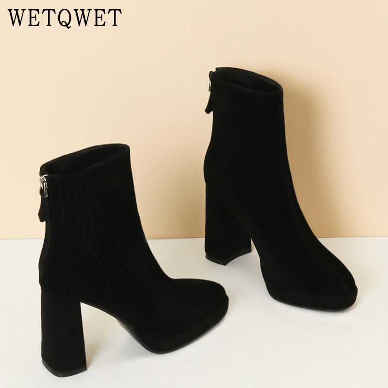 Wetqwet Autumn and Winter Genuine Leather Matte 10cm High-Heeled Short Boots for Women with Waterproof Platform, Versatile Short Tube Round-Toe Chunky Heel Boots Wetqwet Autumn and Winter Genuine Leather Matte 10cm High-Heeled Short Boots for Women with Waterproof Platform, Versatile Short Tube Round-Toe Chunky Heel Boots