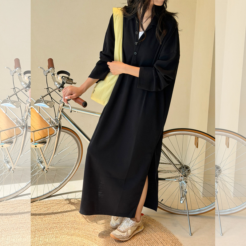 Commxn Effortless Wool Cocoon-Shaped Polo Collar Button Dress with Slit Long Skirt for Women Juneshan