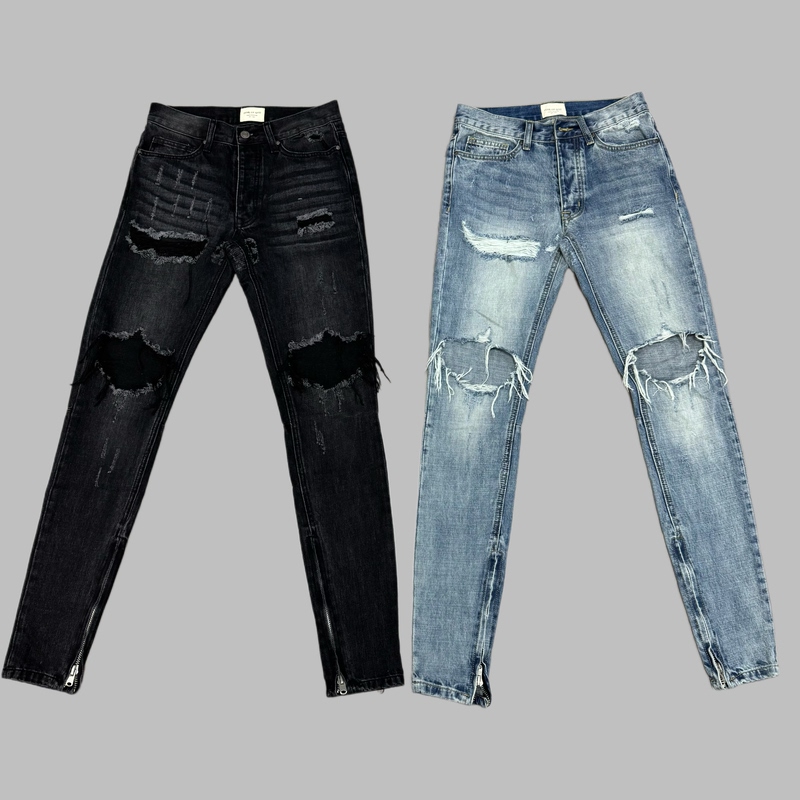 Essentials Czfog4Th Ripped Blue Jeans for Men and Women, Black Jeans, High Street Style, Slim Fit, Washed Distressed Jeans
