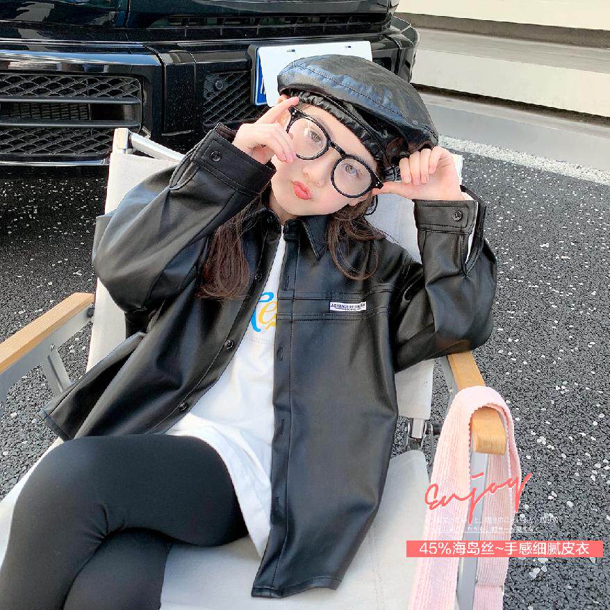 Girl Leather Coat Jacket 2023 Autumn Clothing New Children Han Edition Foreign Air Baby Spring Autumn Locomotive Clothes Jacket Outerwear Tide-Taobao