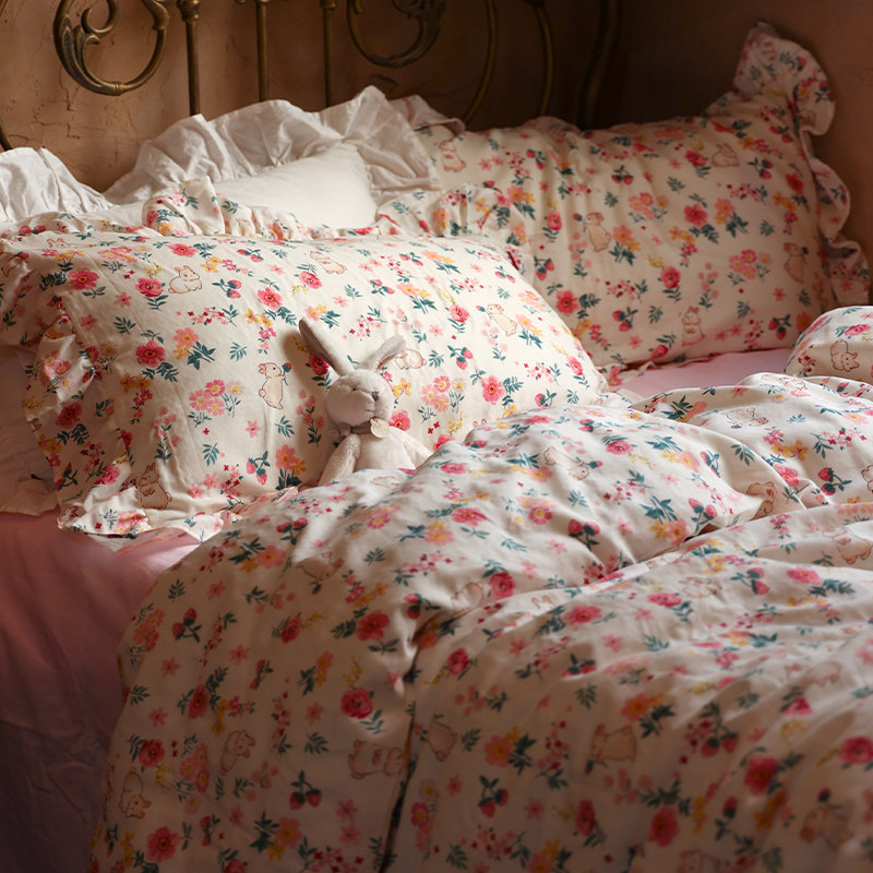 MLG) Pure Cotton Double Layer Yarn Fields Garden Broken Flowers Lace Four Pieces Of Children Bed Kit Bed Linen Quilt Cover Three-Four Pieces