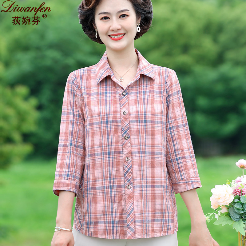 Mom's Cotton Shirt, Summer Wear, Three-Quarter Sleeves, Plaid Top, Casual, Middle-Aged and Elderly Women's Stylish Pure Cotton Shirt, Thin Style