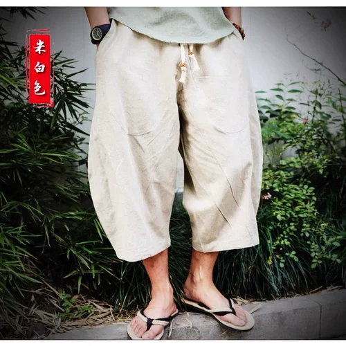 Летние шорты, штаны для отдыха, китайский стиль, свободный прямой крой, из хлопка и льна