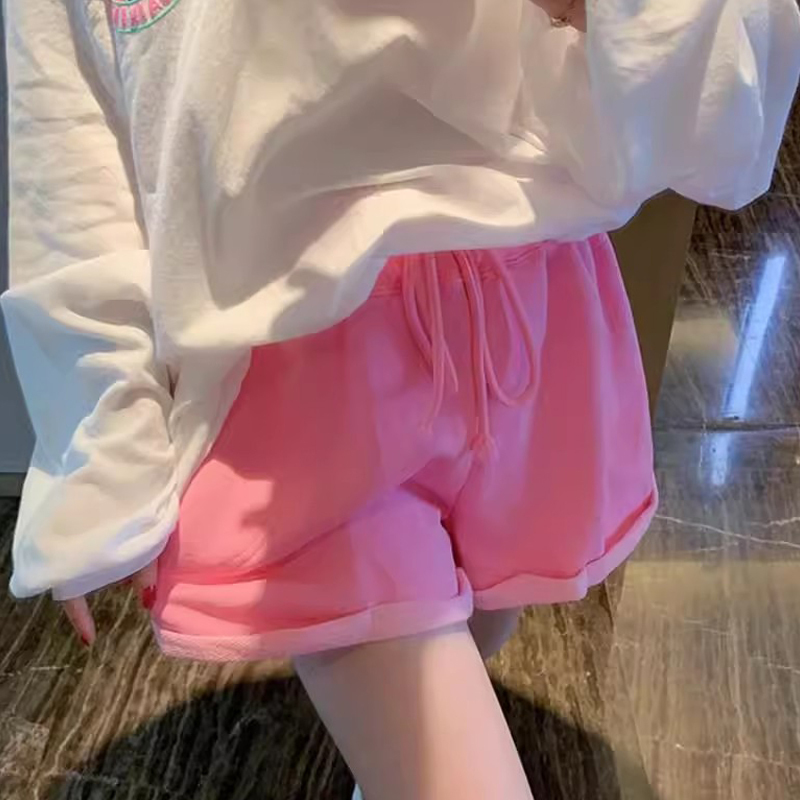 Pink Casual Shorts for Women, Summer Thin Cotton Loose Rolled Hem Wide-Leg Pants, High-Waisted Fluorescent Green Running Sports Pants