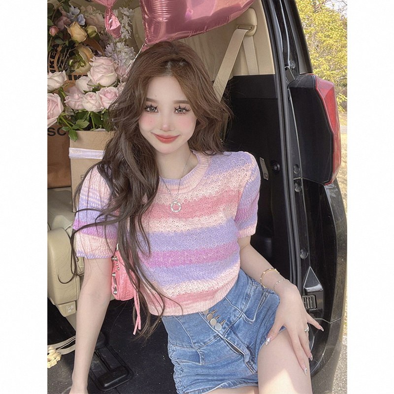 针织短袖t恤女春装辣妹纯欲风穿搭彩虹渐变别致条纹短款毛衣上衣