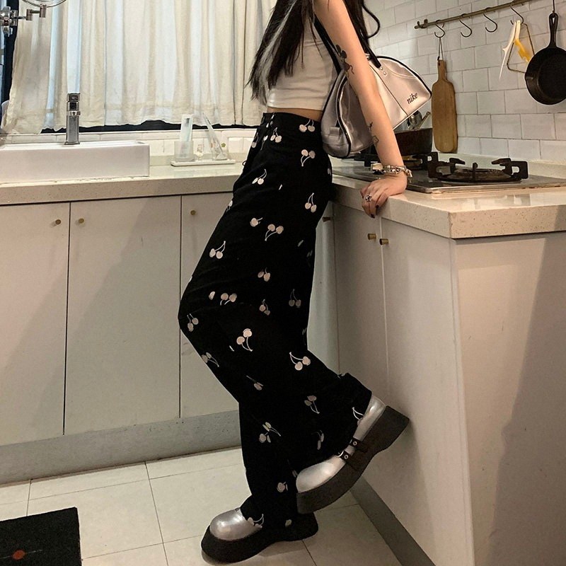 Harajuku style casual high street is thin, loose and lazy, casual Korean retro sweet and cool cherry wide-leg pants ins
