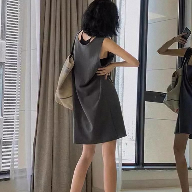 Sleeveless Vest Dress for Women, Summer European Style, Plus Size, Loose Fit, Mid-Length, Slimming, Cut-Out Sleeves, U-Neck Design, T-Shirt Dress