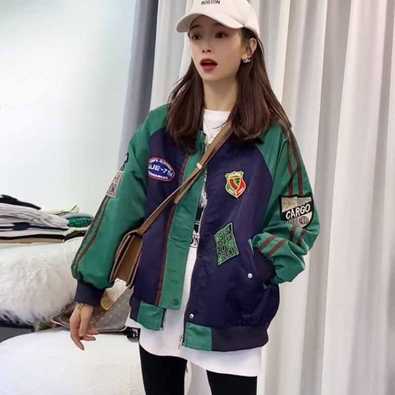 Color-Blocked Baseball Jacket for Women, Autumn and Winter European Style, Petite Size, Patchwork Cotton-Padded Jacket, Quilted Windbreaker, Trendy Coat