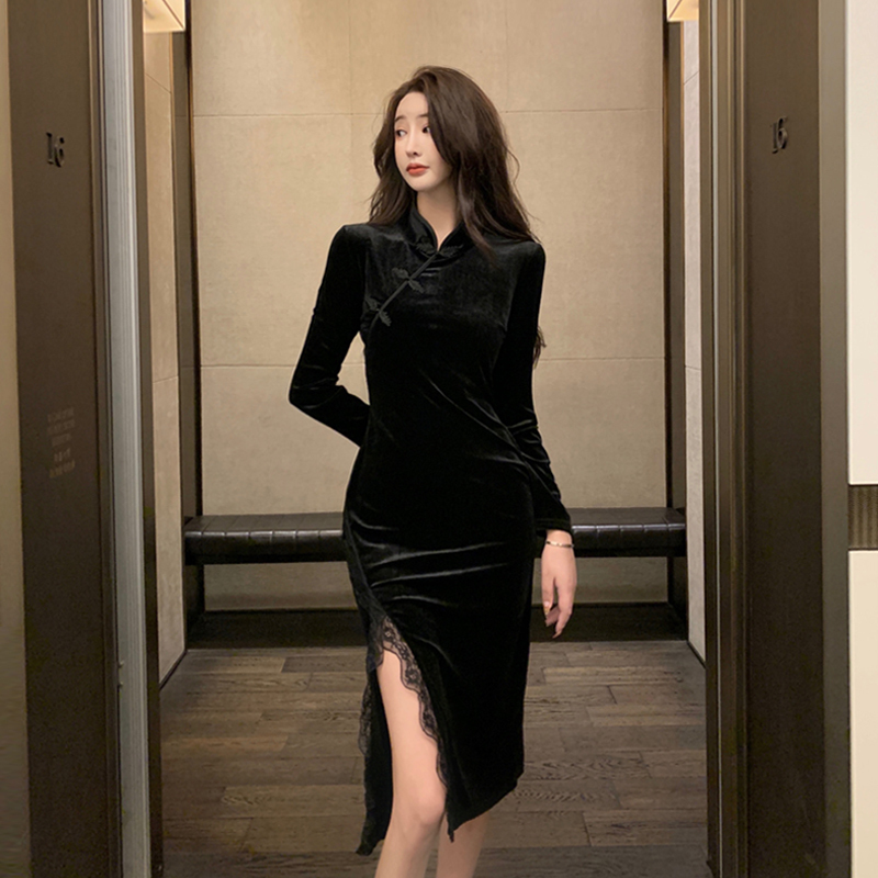Retro black cheongsam, velvet elite dress, Chinese style Retro black cheongsam, velvet elite dress, Chinese style
