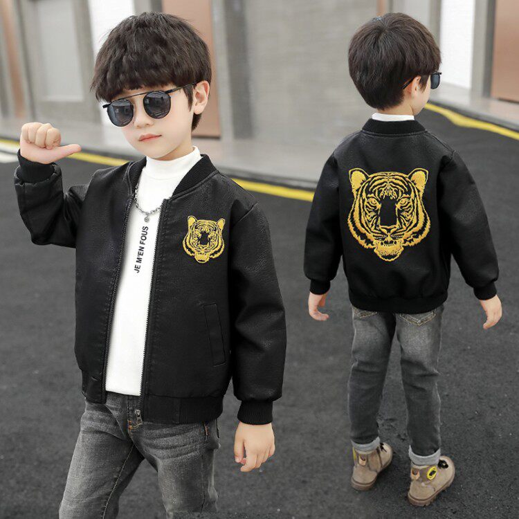 Boys stand collar leather jacket spring and autumn leather jacket 2021 new children's fashion baby motorcycle jacket top trend