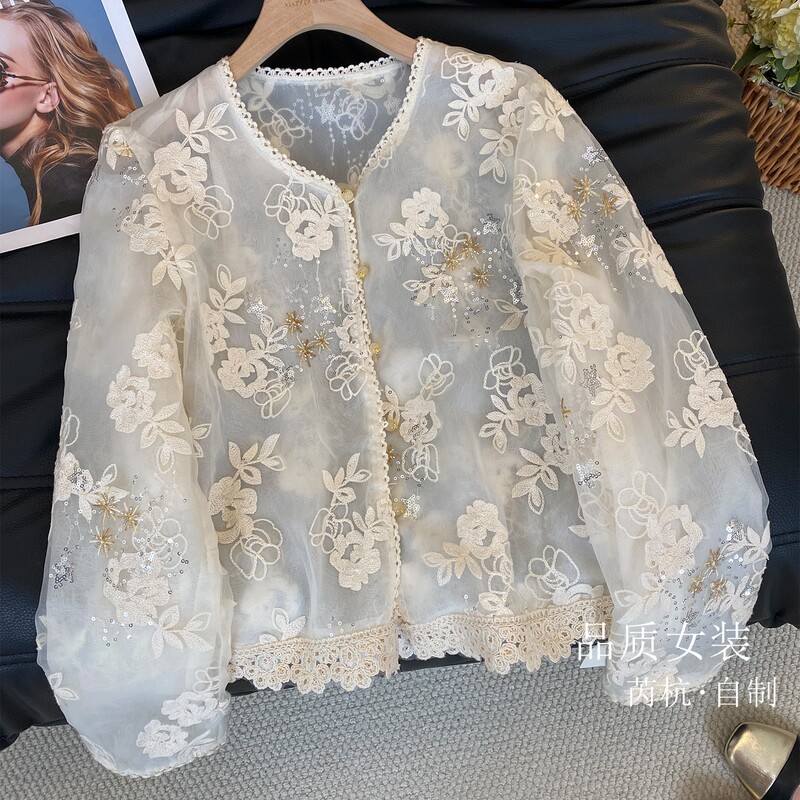 New Chinese-Style National Style Embroidered Shirt for Women 2026 Summer New Lace Trim Sequin Sheer Sun Protection Blouse Top