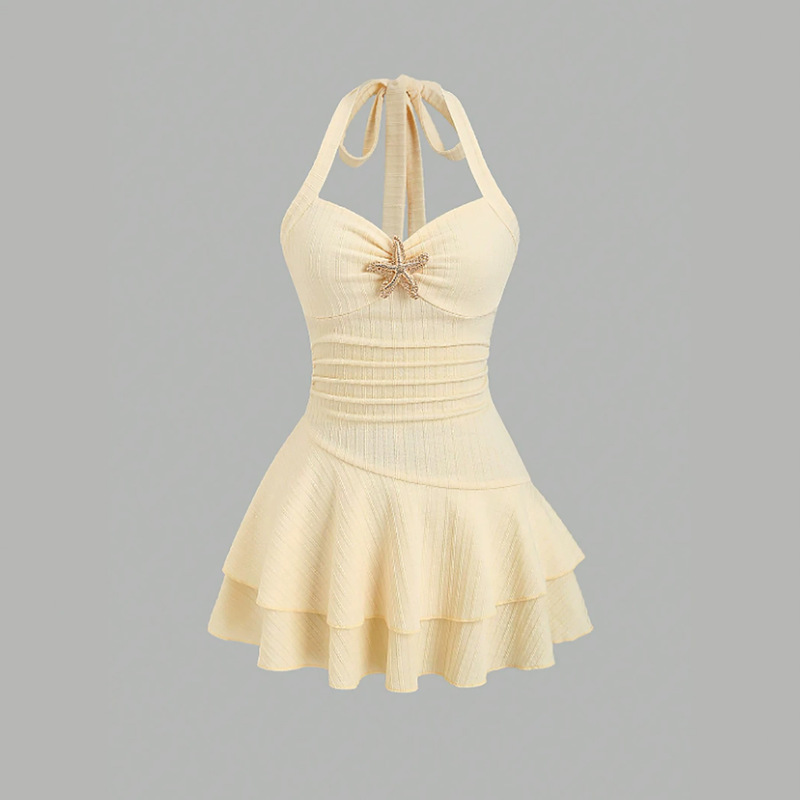 2026 New European and American Style Halter Neck Backless Spaghetti Strap Short Dress with Waist-Cinching Sleeves, Sleeveless Women's Halter Neck Travel Dress