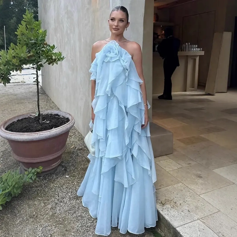 Beach Photo Shoot Vacation Three-Dimensional Flower Halter Neck Backless Ruffle Long Dress Lotus Leaf Edge Dress