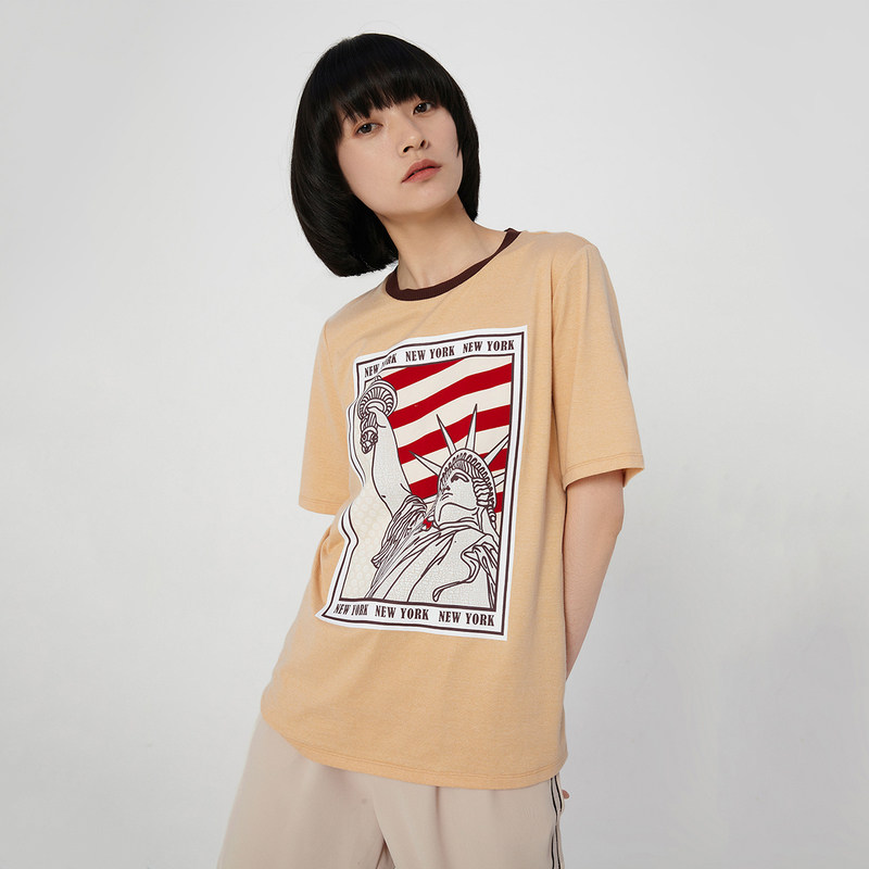 LILY summer new retro-hit color printing minimalist short sleeve round neck T-shirt woman 120220A8326